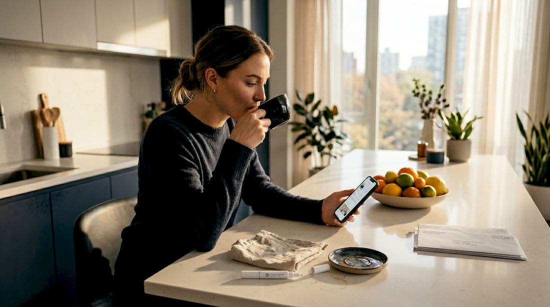 Woman at breakfast table with whitening pen and coffee