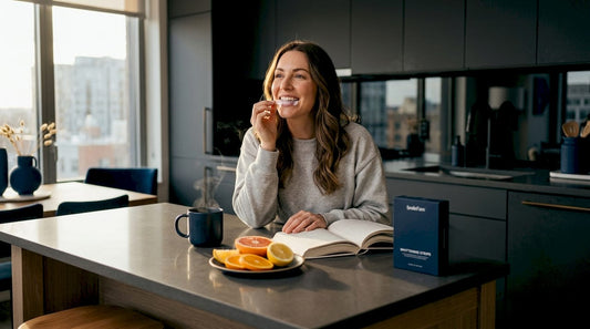 Woman using teeth whitening strips at kitchen table