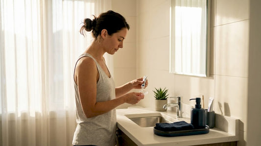 Woman prepares whitening tray in home bathroom