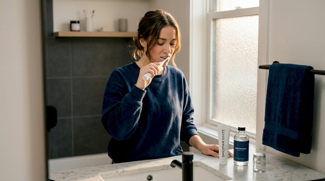 Woman brushing teeth in bright bathroom