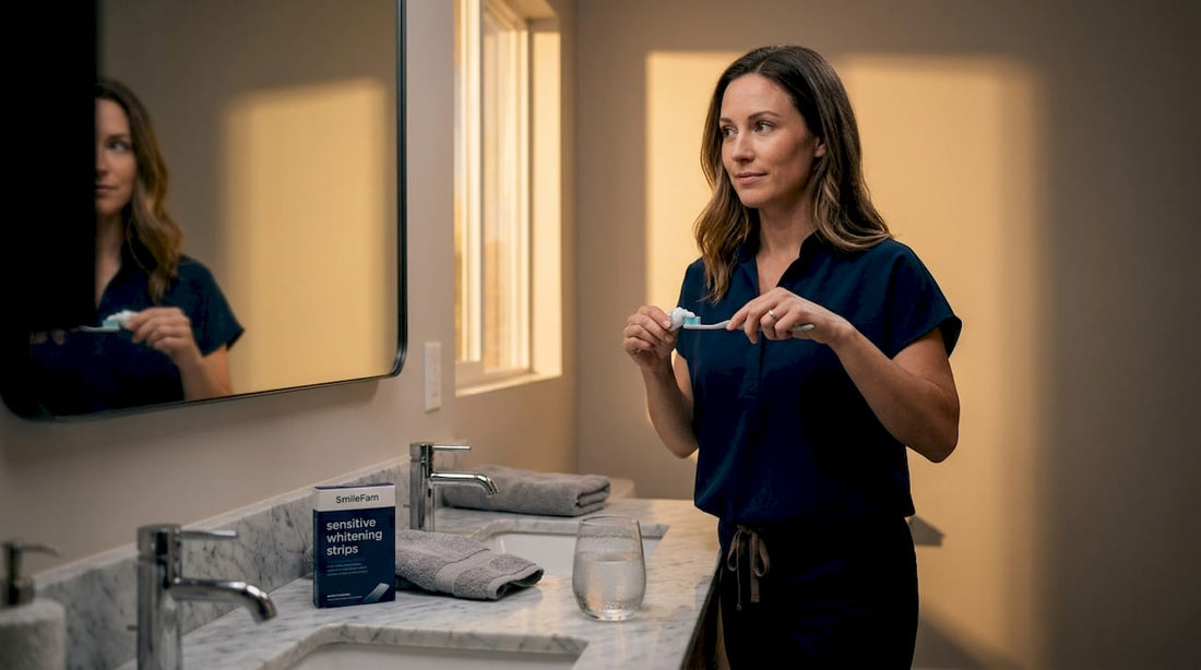 Woman prepares sensitive whitening toothpaste at bathroom sink