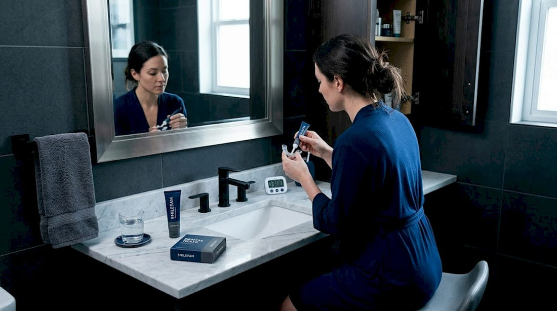 Woman preparing teeth whitening gel at bathroom counter