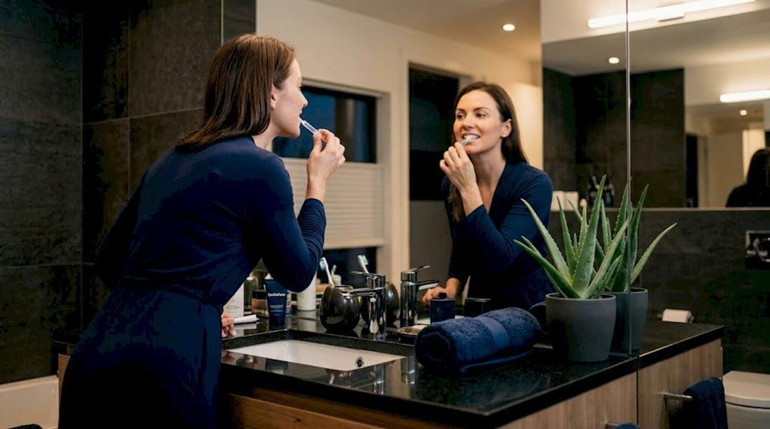Woman applying whitening gel in modern bathroom