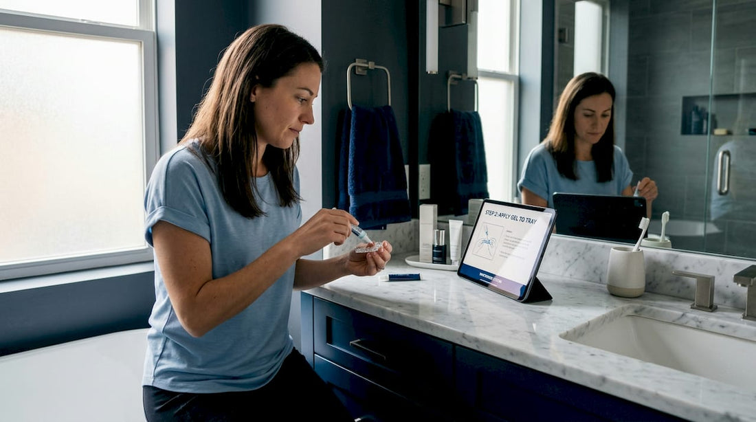 Woman applying at-home teeth whitening gel
