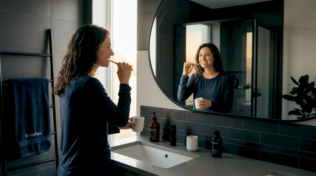 Woman brushing teeth in sunlit home bathroom