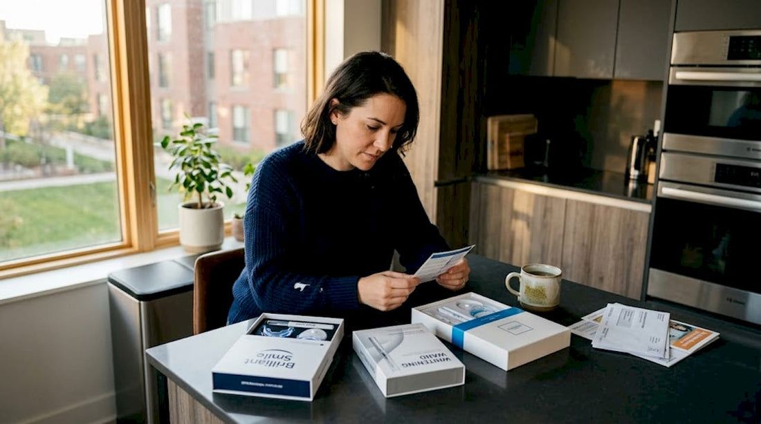 Woman comparing at-home teeth whitening kits in kitchen