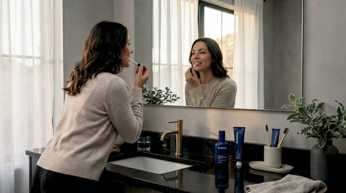 Woman applies whitening serum at vanity
