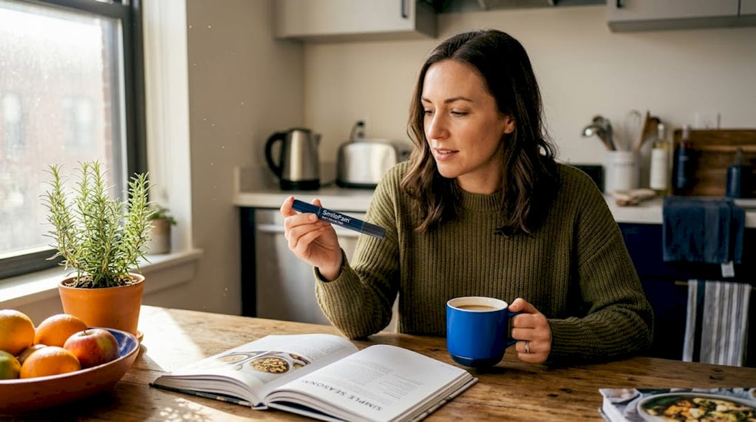 Woman examining whitening pen at kitchen table