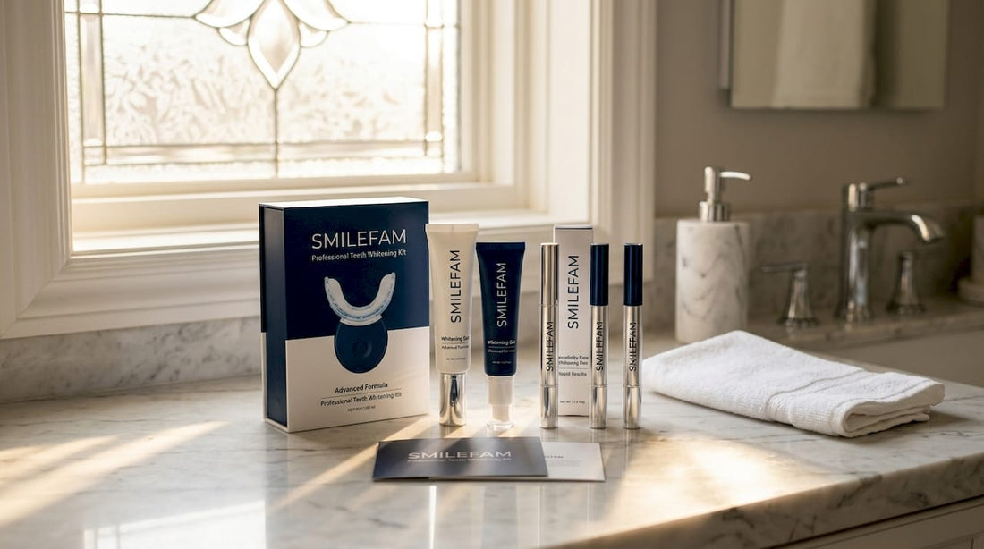 Assorted teeth whitening products on bathroom counter