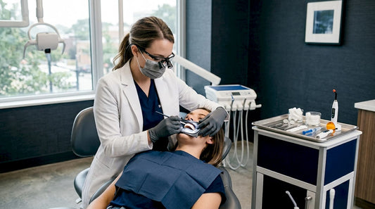 Dentist applying teeth whitening gel in clinic