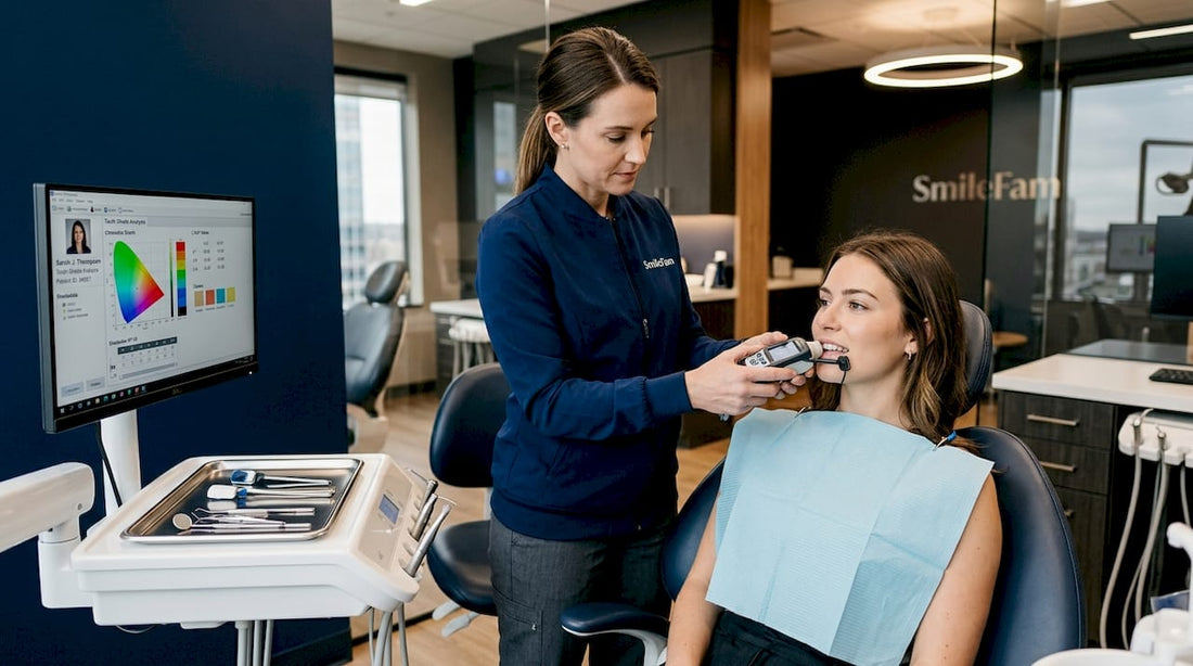 Dental professional measuring tooth color with device