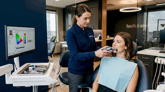 Dental professional measuring tooth color with device
