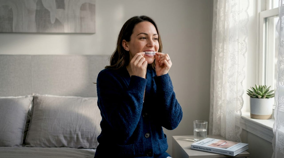 Woman applying teeth whitening strip at home