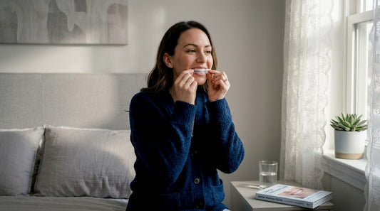 Woman applying teeth whitening strip at home