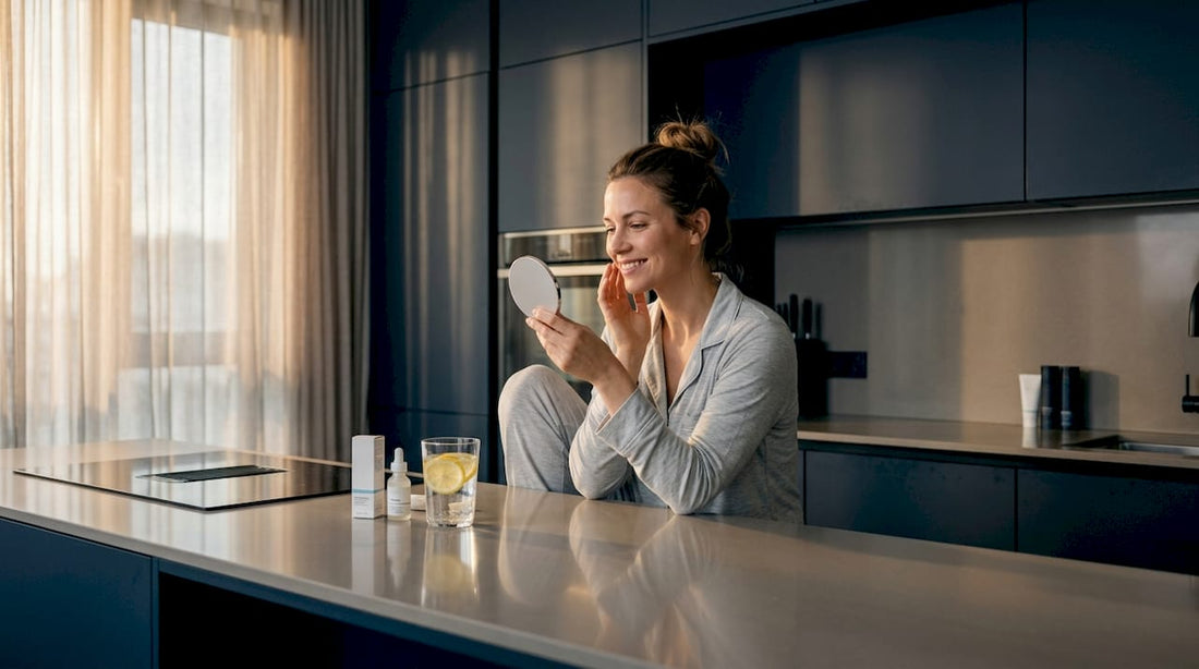 Woman checking teeth in mirror at home