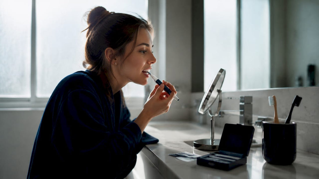 Woman applying whitening pen at bathroom vanity