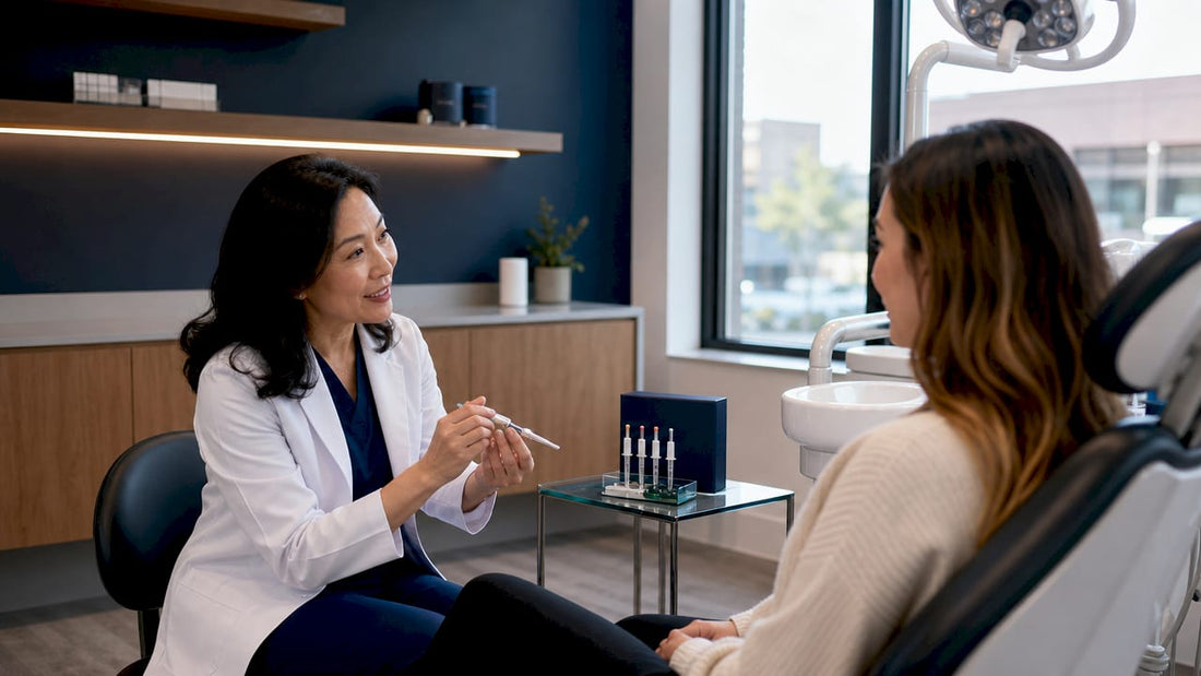 Dentist explaining safe teeth whitening products