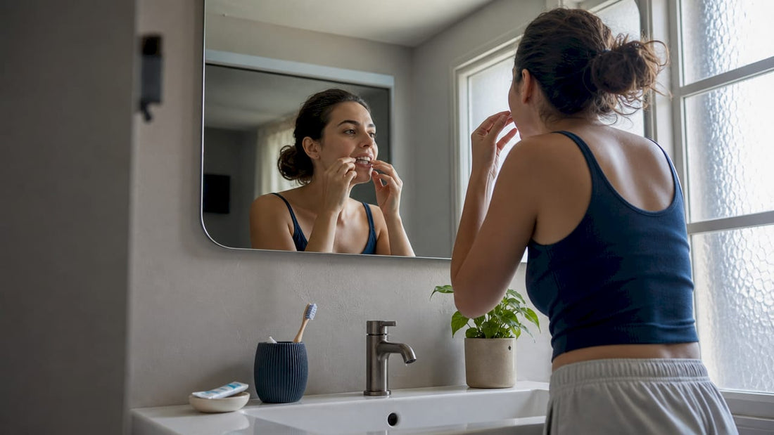 Woman applying teeth whitening strips at home