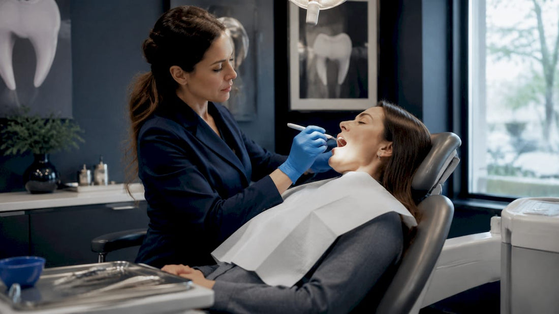 Dentist applying whitening gel to patient’s teeth