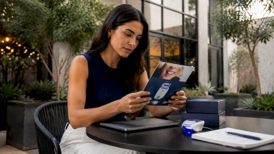 Woman researching teeth whitening products at kitchen table