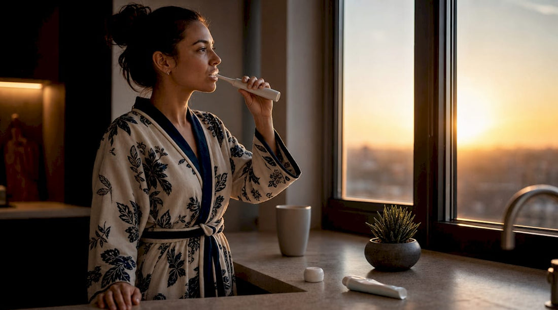 Woman brushing teeth with electric toothbrush