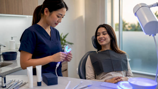 Dental hygienist preparing BLU whitening device at clinic
