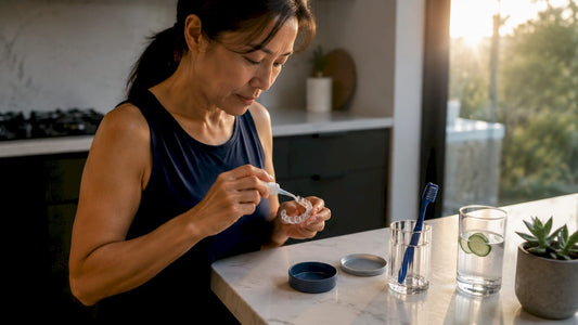 Woman applying enamel-safe whitening gel at home