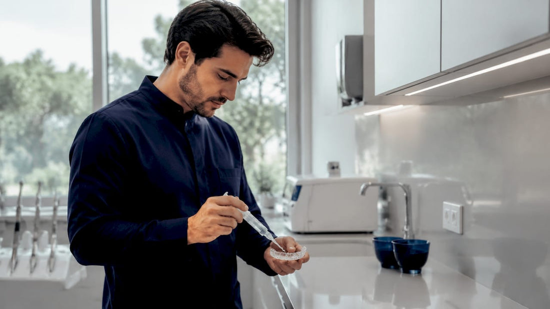 Dentist holding peroxide whitening dental tray