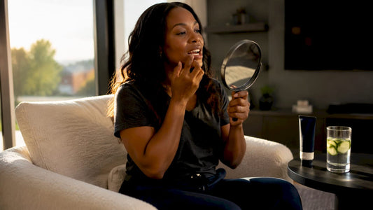Woman checking teeth whitening progress in bathroom mirror