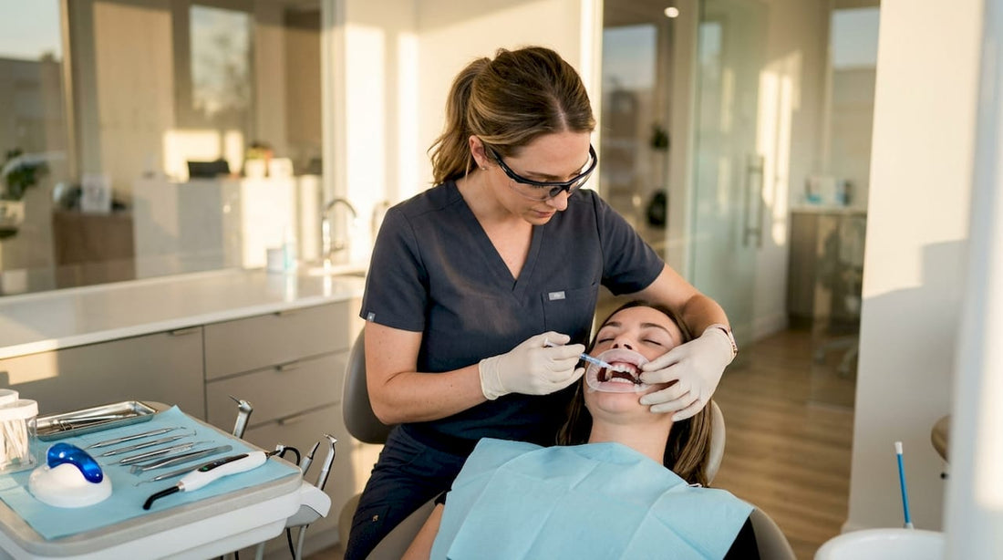 Dental professional applying whitening gel in clinic