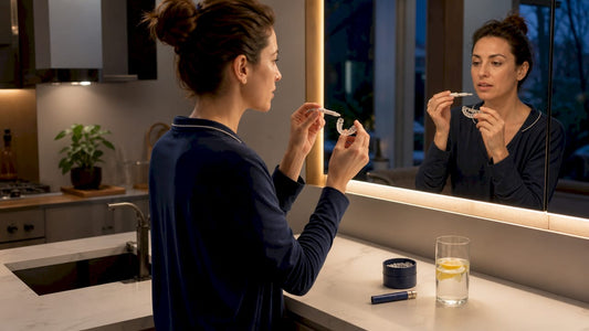 Woman applying whitening gel to teeth tray