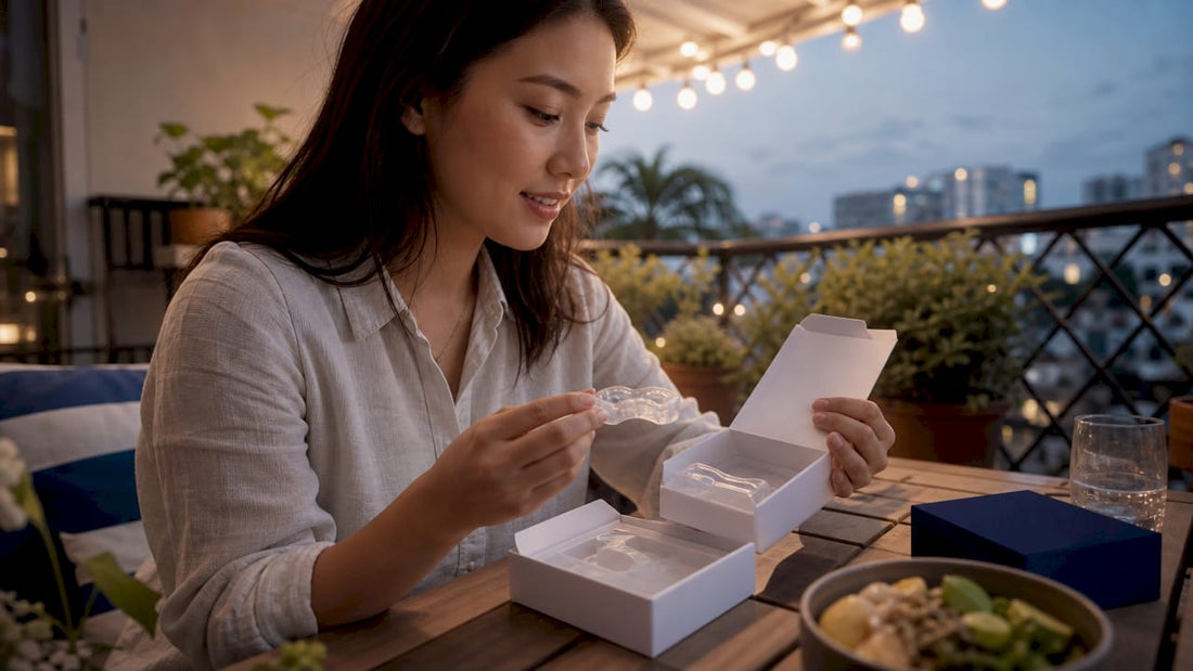 Woman comparing teeth whitening products at kitchen table