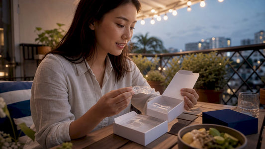 Woman comparing teeth whitening products at kitchen table