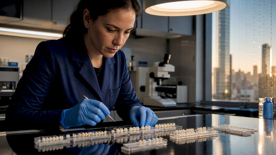 Dental researcher examining whitening samples in lab