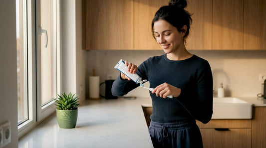 Woman holding non-abrasive whitening toothpaste in bathroom
