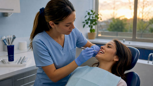 Dental hygienist applying gum-safe whitening gel