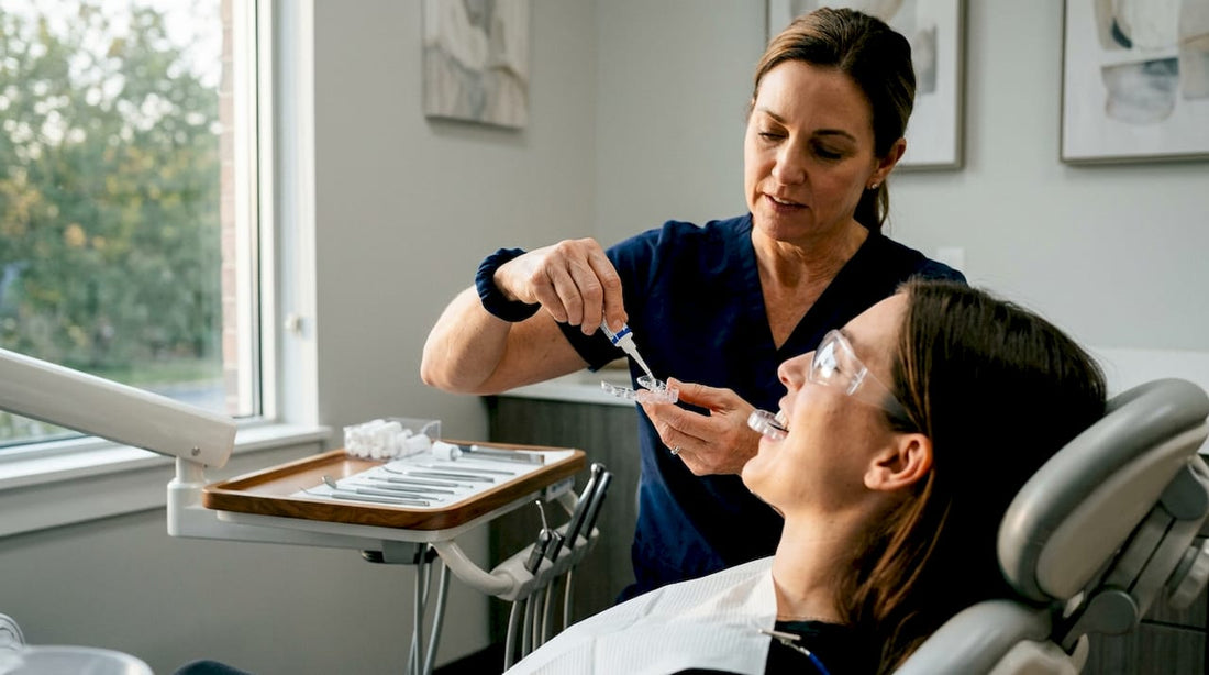 Dental professional applying whitening gel in clinic
