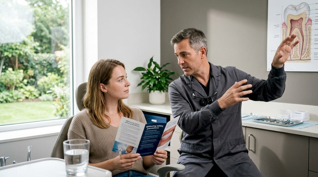 Dentist explaining peroxide whitening risks to patient