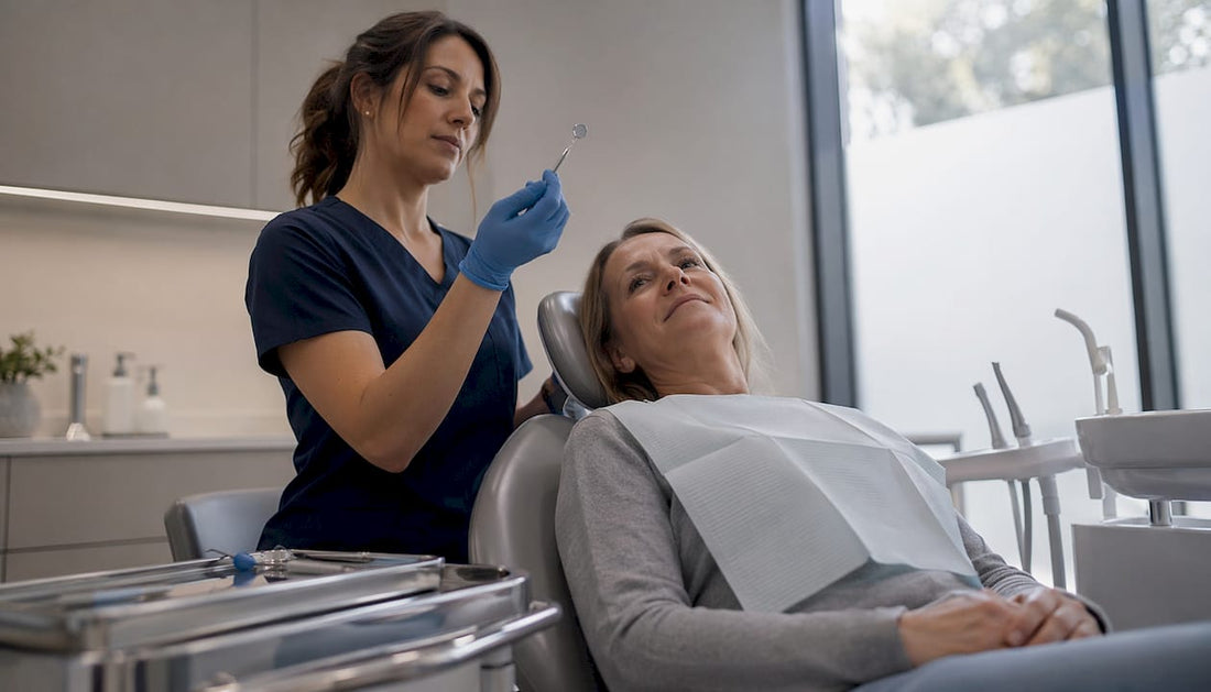 Dental hygienist preparing patient teeth for whitening