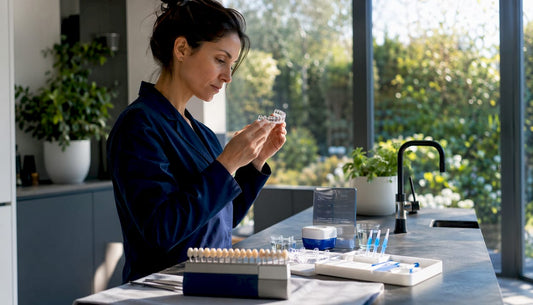 Dental researcher examining whitening gel tray in lab
