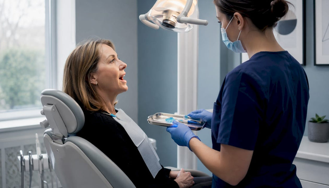 Patient receiving cosmetic whitening treatment in dental chair