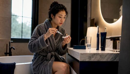 Woman applying whitening gel at home in bathroom