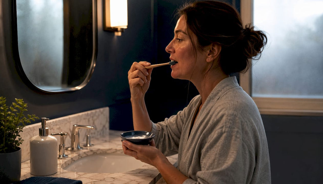 Woman brushing teeth with baking soda at home