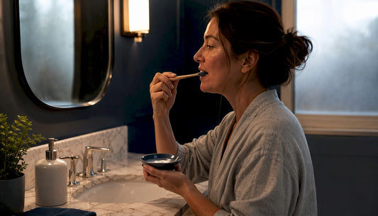 Woman brushing teeth with baking soda at home