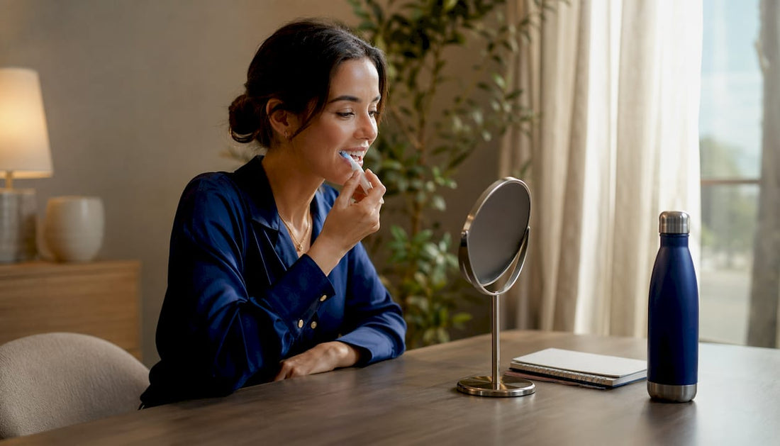 Woman applying teeth whitening gel at home