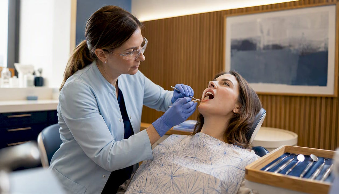 Dentist examining stained teeth in clinic