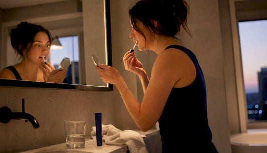 Woman using enamel-safe whitening pen in bathroom
