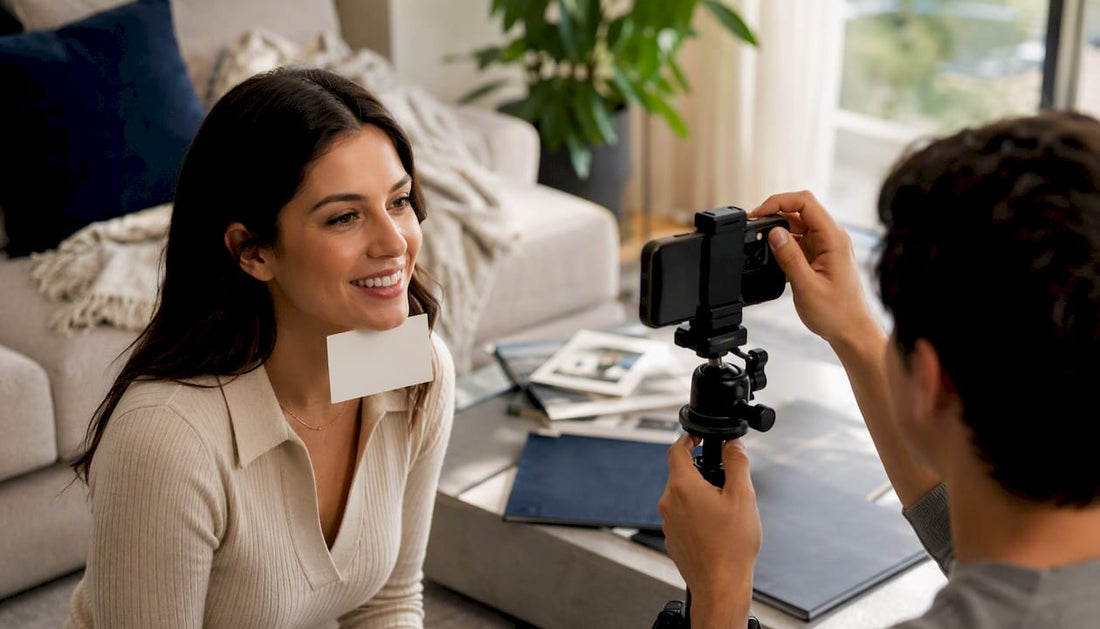 Person photographing natural smile with white card