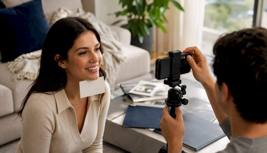 Person photographing natural smile with white card