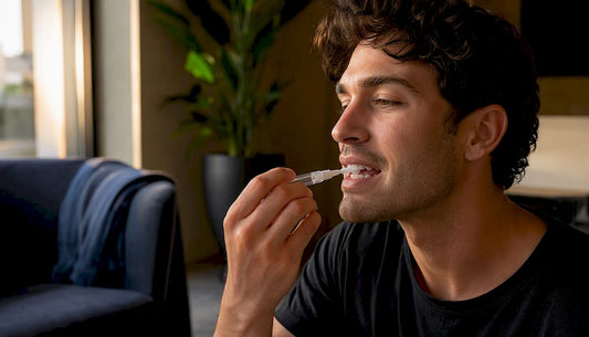 Hand applying whitening gel with brush on teeth